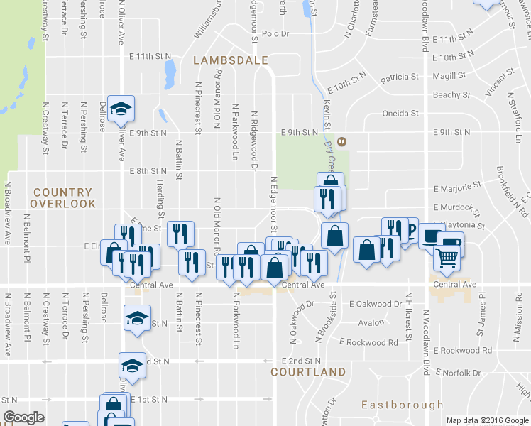 map of restaurants, bars, coffee shops, grocery stores, and more near 5518 East Pine Street in Wichita