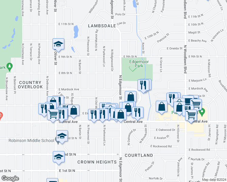 map of restaurants, bars, coffee shops, grocery stores, and more near 5503 East Murdock Street in Wichita