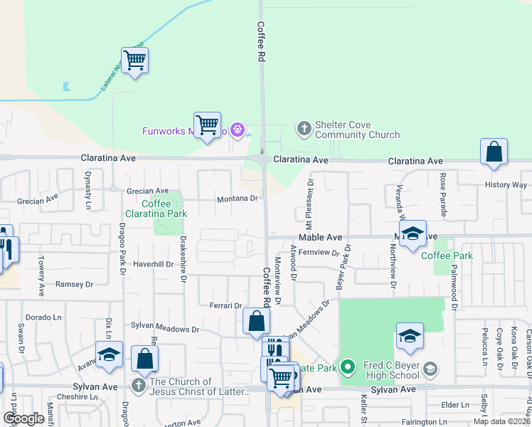 map of restaurants, bars, coffee shops, grocery stores, and more near 1303 Mable Avenue in Modesto