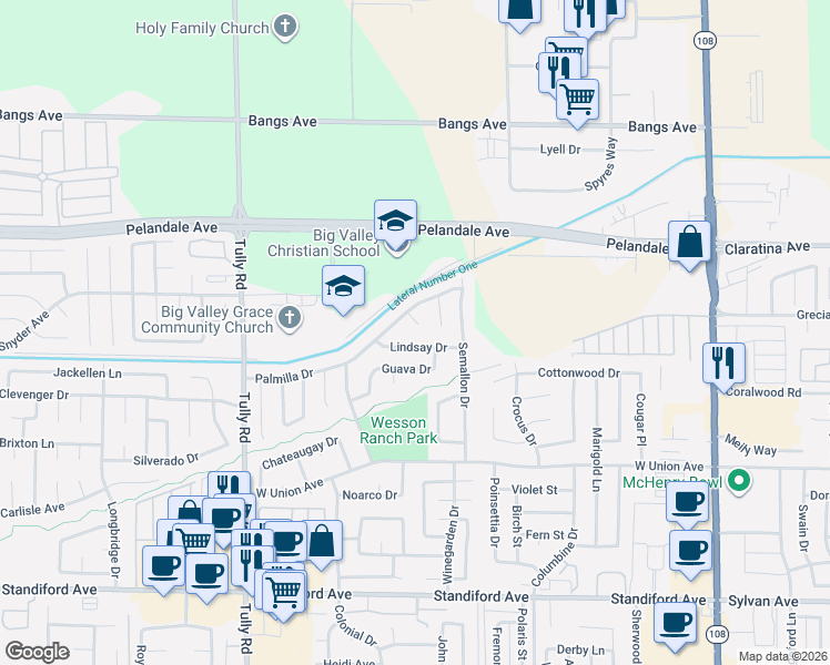 map of restaurants, bars, coffee shops, grocery stores, and more near 4105 Ogden Court in Modesto