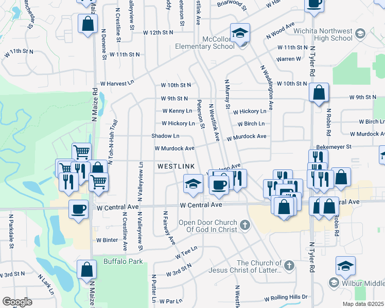 map of restaurants, bars, coffee shops, grocery stores, and more near 9710 West Murdock Street in Wichita