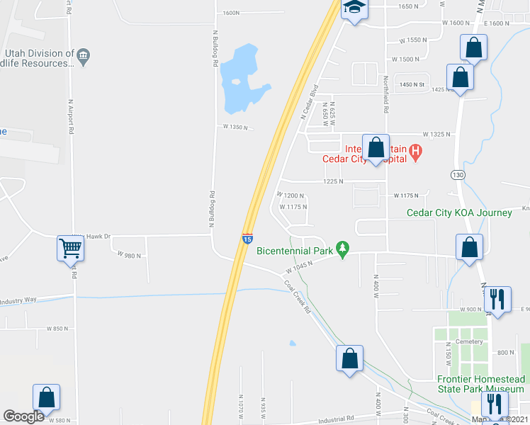 map of restaurants, bars, coffee shops, grocery stores, and more near 1195 North Cedar Boulevard in Cedar City