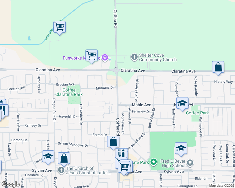 map of restaurants, bars, coffee shops, grocery stores, and more near 1303 Mable Avenue in Modesto