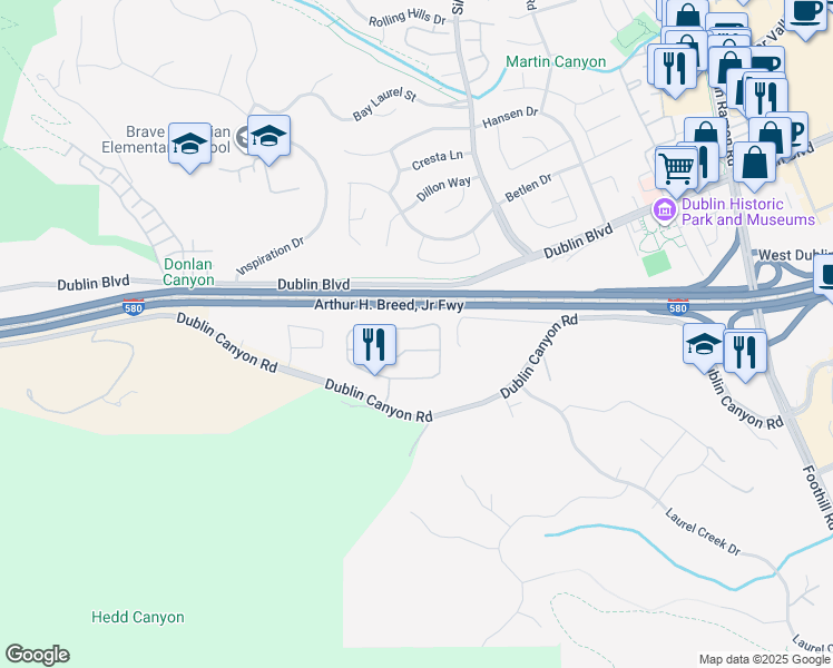 map of restaurants, bars, coffee shops, grocery stores, and more near 7690 Canyon Meadows Circle in Pleasanton