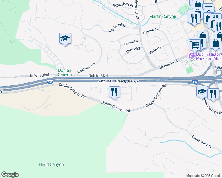 map of restaurants, bars, coffee shops, grocery stores, and more near 7730 Canyon Meadows Circle in Pleasanton