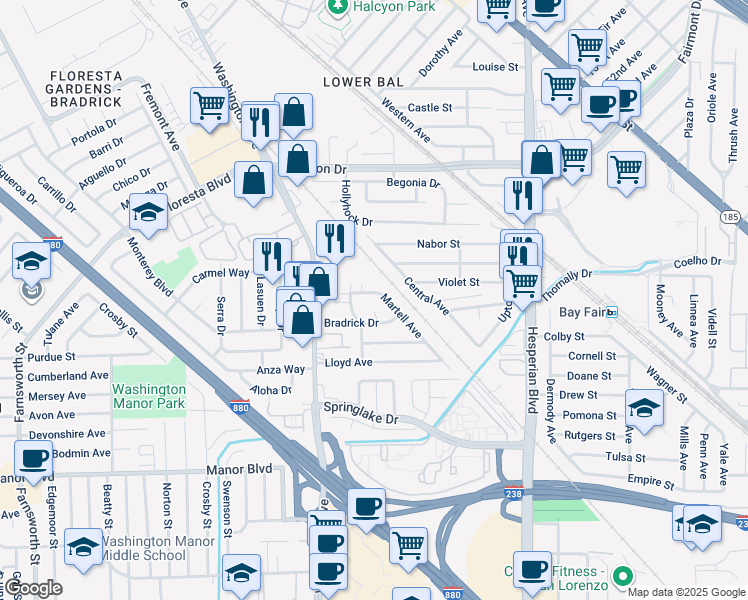 map of restaurants, bars, coffee shops, grocery stores, and more near 15233 Central Avenue in San Leandro