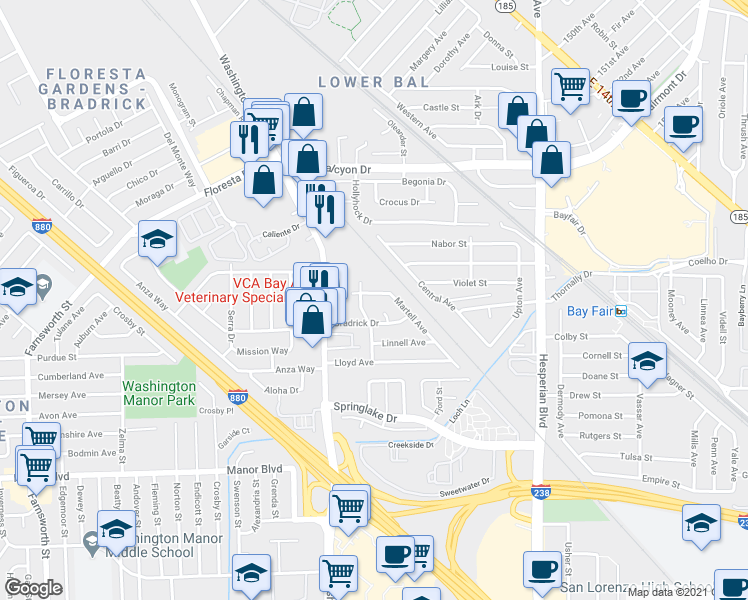 map of restaurants, bars, coffee shops, grocery stores, and more near 14716 Harold Avenue in San Leandro
