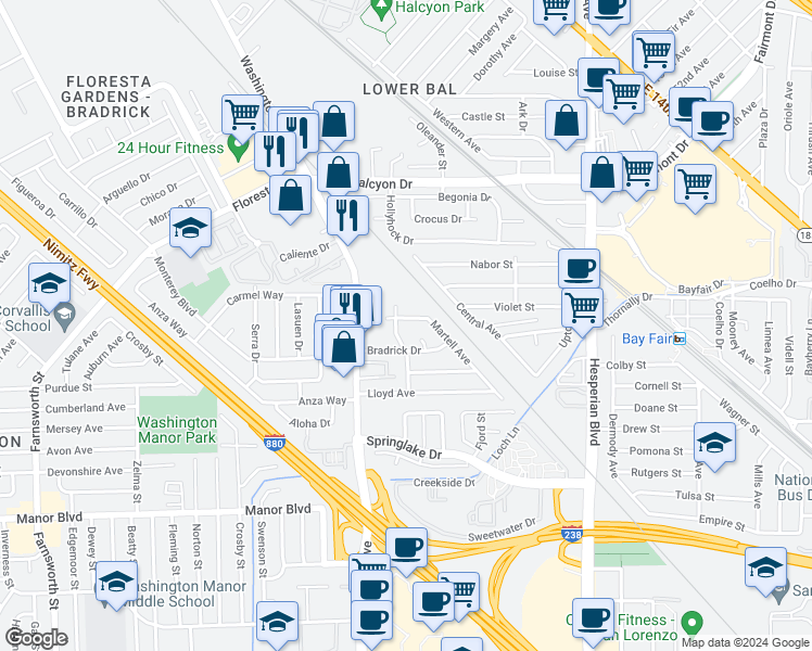 map of restaurants, bars, coffee shops, grocery stores, and more near 14716 Harold Avenue in San Leandro
