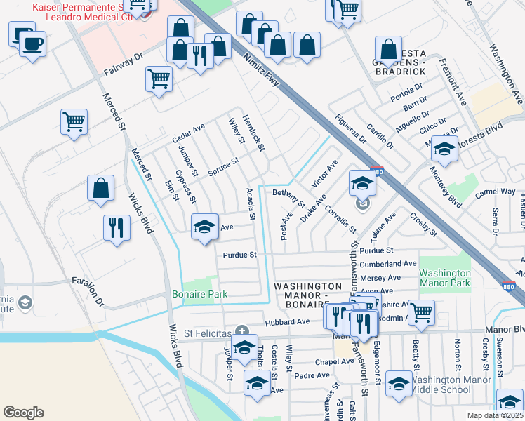 map of restaurants, bars, coffee shops, grocery stores, and more near 14631 Bethany Street in San Leandro