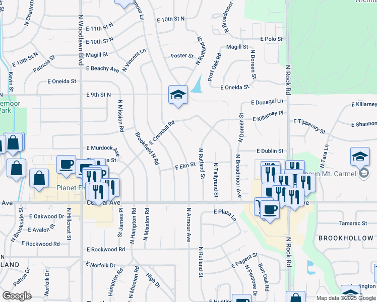 map of restaurants, bars, coffee shops, grocery stores, and more near 625 N Rutland St in Wichita