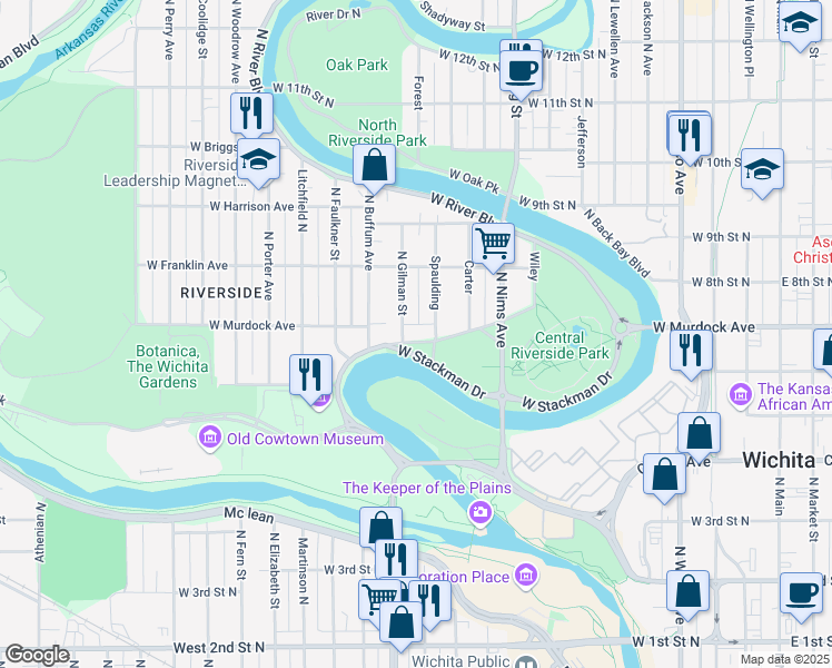 map of restaurants, bars, coffee shops, grocery stores, and more near 811 North Spaulding Avenue in Wichita