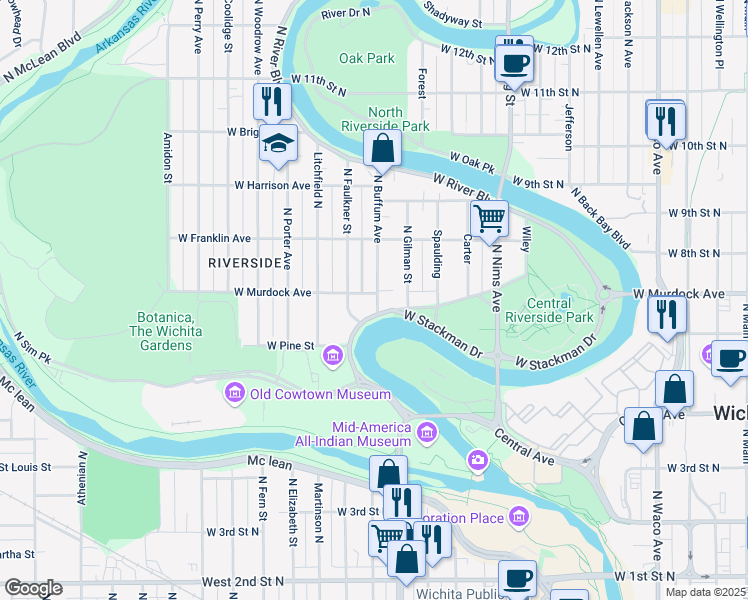 map of restaurants, bars, coffee shops, grocery stores, and more near 809 North Buffum Street in Wichita