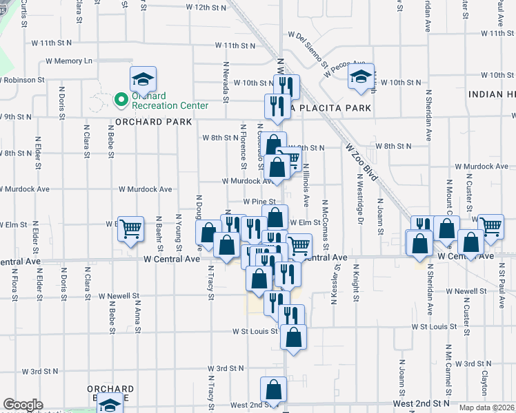 map of restaurants, bars, coffee shops, grocery stores, and more near 4045 West Murdock Street in Wichita