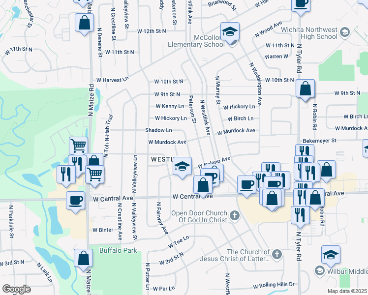 map of restaurants, bars, coffee shops, grocery stores, and more near 9710 West Murdock Street in Wichita
