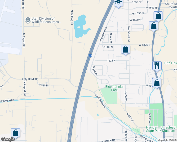 map of restaurants, bars, coffee shops, grocery stores, and more near 1171 North Cedar Boulevard in Cedar City