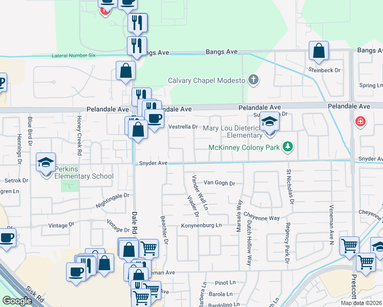 map of restaurants, bars, coffee shops, grocery stores, and more near 4009 Bella Tuscany Drive in Modesto