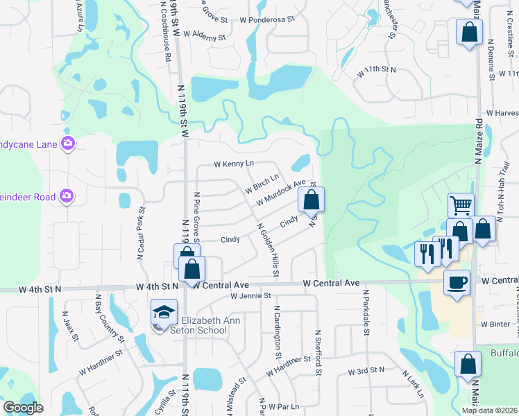 map of restaurants, bars, coffee shops, grocery stores, and more near 11506 West Murdock Street in Wichita