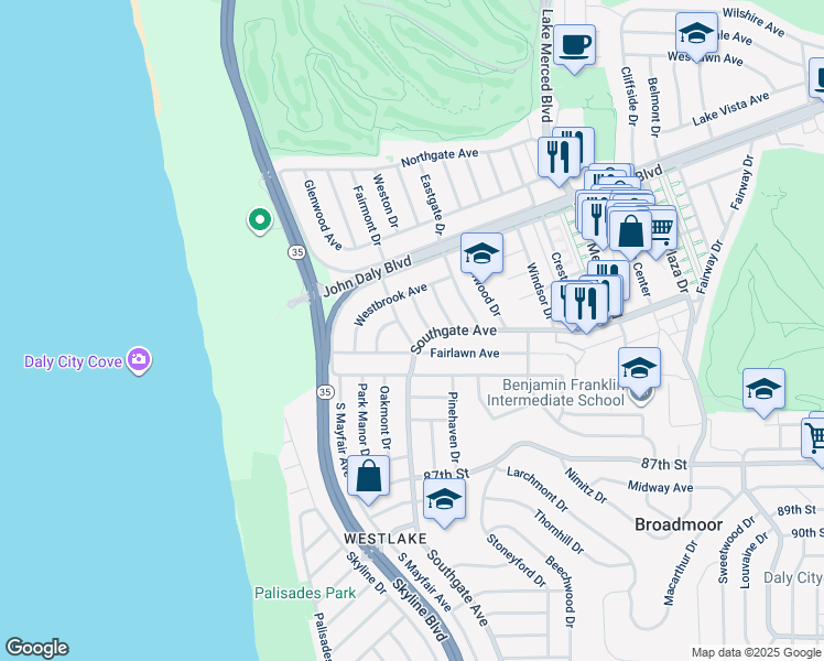 map of restaurants, bars, coffee shops, grocery stores, and more near 125 Ashland Drive in Daly City