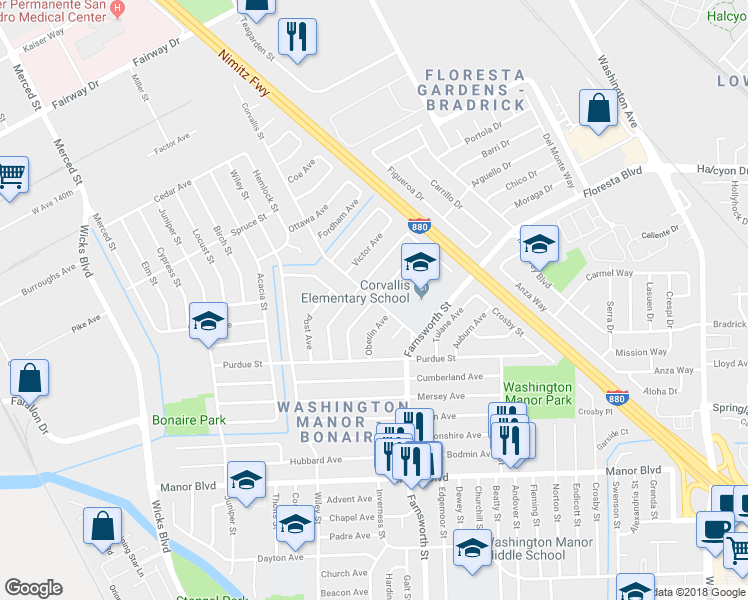 map of restaurants, bars, coffee shops, grocery stores, and more near Corvallis Street & Esser Avenue in San Leandro