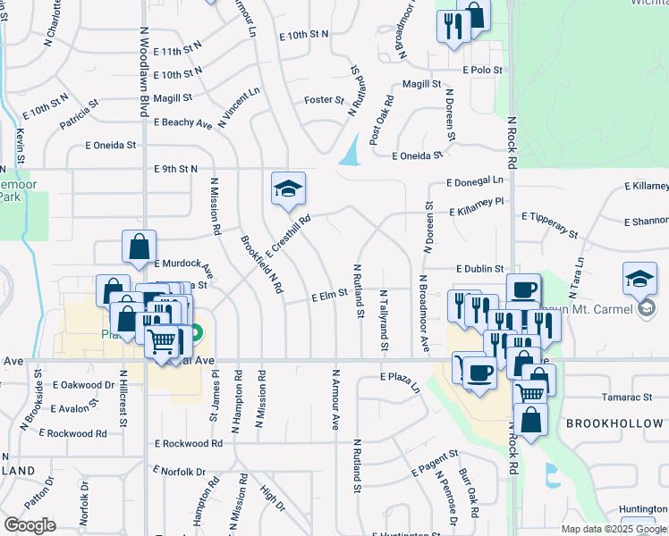 map of restaurants, bars, coffee shops, grocery stores, and more near 625 N Rutland St in Wichita