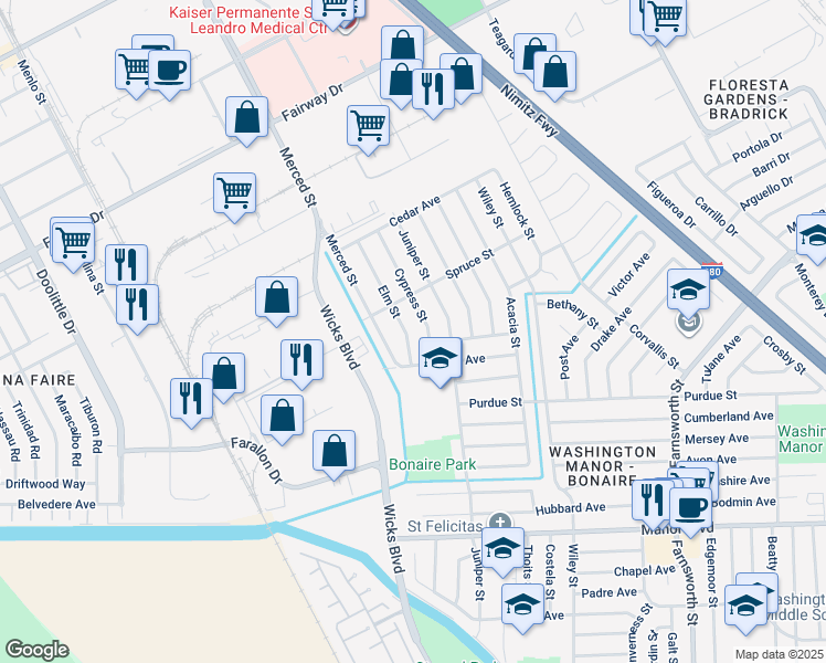 map of restaurants, bars, coffee shops, grocery stores, and more near 14616 Elm Street in San Leandro