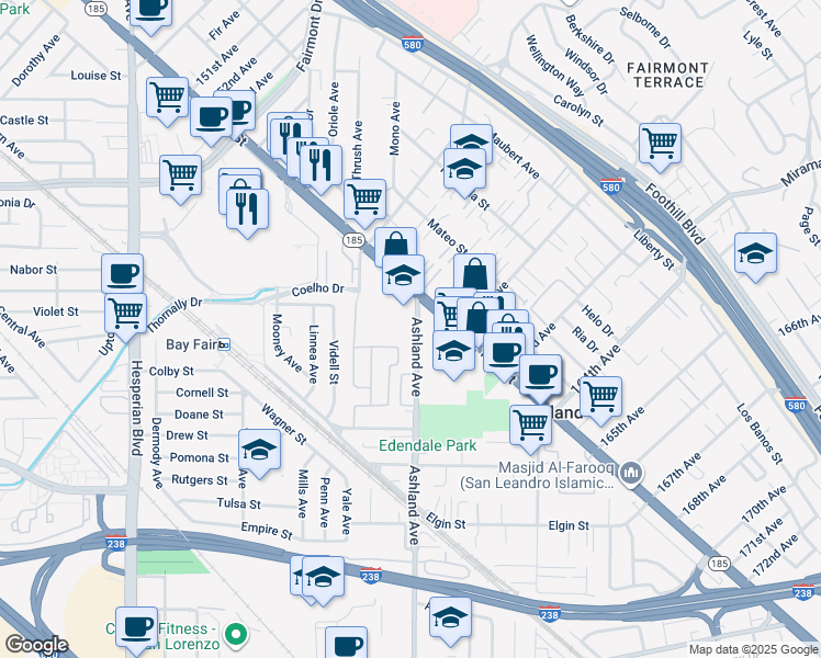 map of restaurants, bars, coffee shops, grocery stores, and more near 16077 Ashland Avenue in San Lorenzo