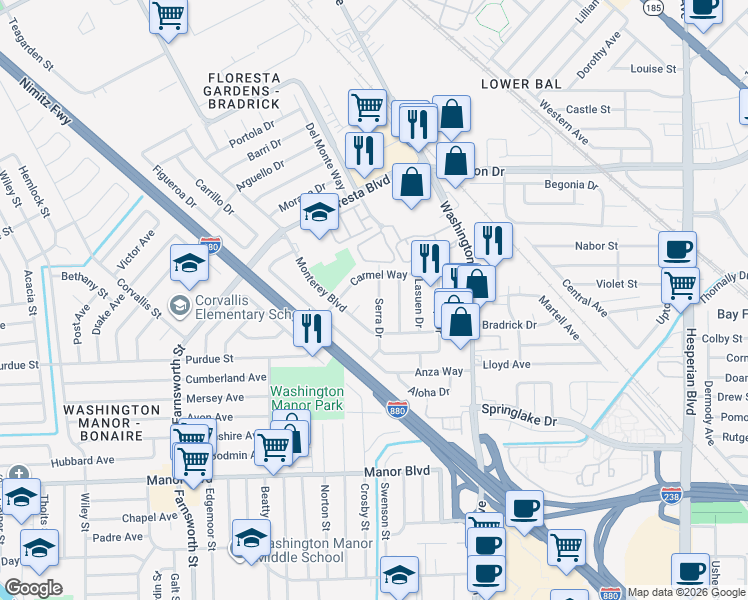 map of restaurants, bars, coffee shops, grocery stores, and more near 849 Serra Drive in San Leandro