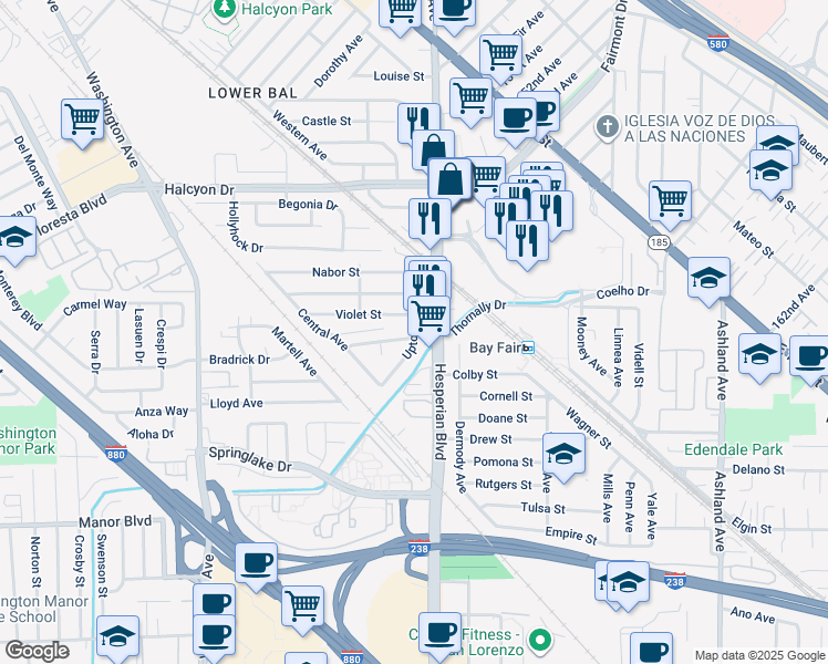 map of restaurants, bars, coffee shops, grocery stores, and more near 485 Violet Street in San Leandro