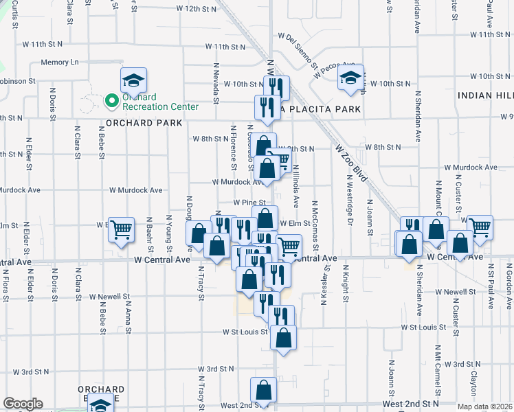 map of restaurants, bars, coffee shops, grocery stores, and more near 4045 West Murdock Street in Wichita