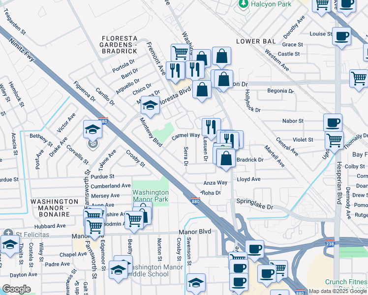 map of restaurants, bars, coffee shops, grocery stores, and more near 849 Serra Drive in San Leandro
