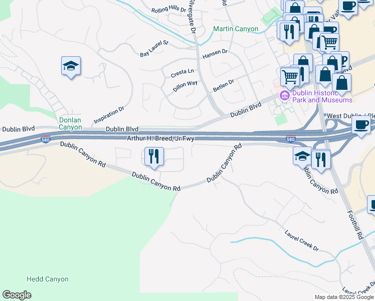 map of restaurants, bars, coffee shops, grocery stores, and more near 7635 Canyon Meadows Circle in Pleasanton