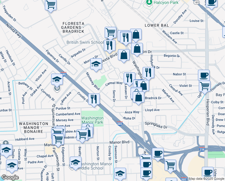 map of restaurants, bars, coffee shops, grocery stores, and more near 849 Serra Drive in San Leandro