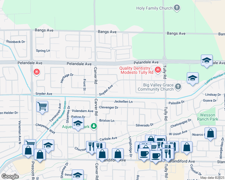 map of restaurants, bars, coffee shops, grocery stores, and more near 4020 Holly Field Court in Modesto