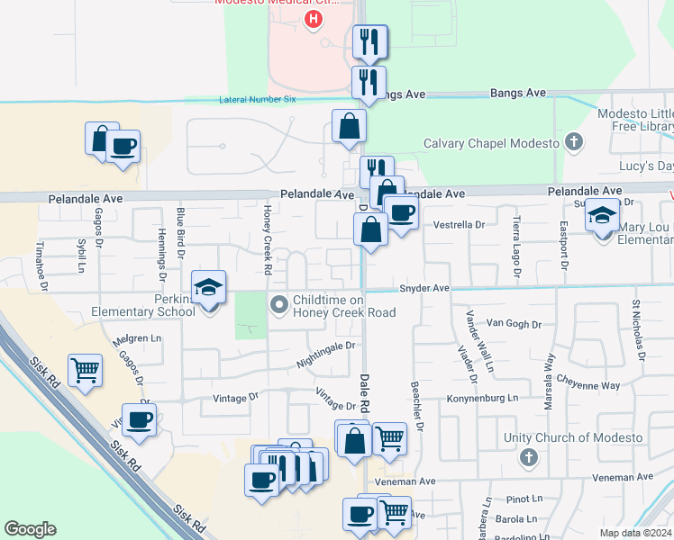 map of restaurants, bars, coffee shops, grocery stores, and more near 4033 Dale Road in Modesto