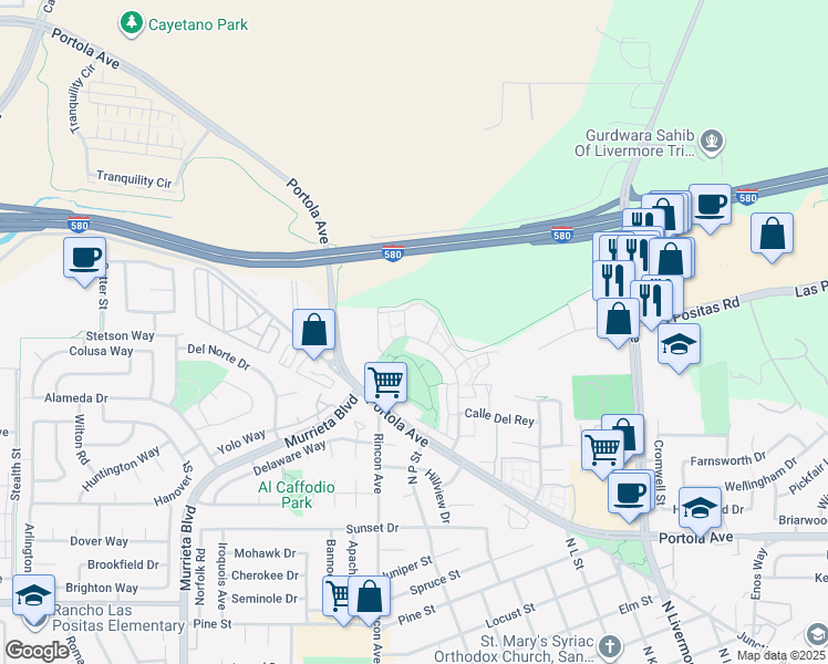 map of restaurants, bars, coffee shops, grocery stores, and more near 1652 Paseo Laguna Seco in Livermore