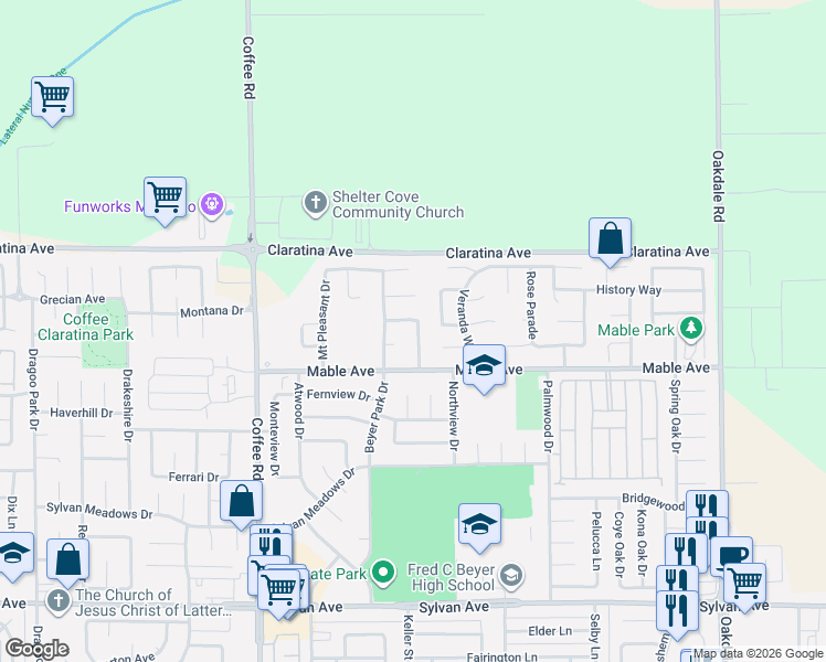 map of restaurants, bars, coffee shops, grocery stores, and more near 1513 Circa Drive in Modesto