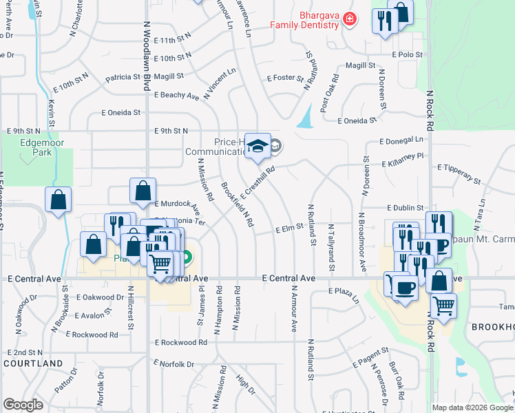 map of restaurants, bars, coffee shops, grocery stores, and more near 676 North Stratford Lane in Wichita