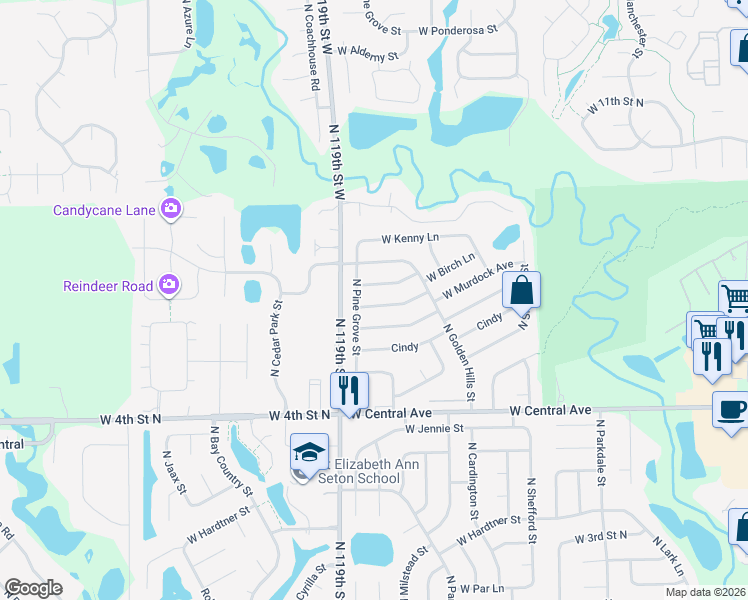 map of restaurants, bars, coffee shops, grocery stores, and more near 11802 W Birch Ln in Wichita