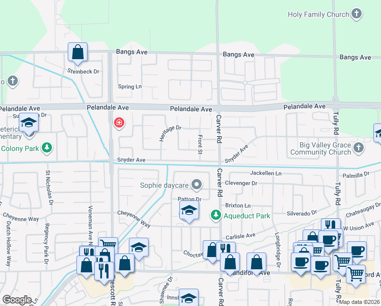 map of restaurants, bars, coffee shops, grocery stores, and more near 4021 Front Street in Modesto