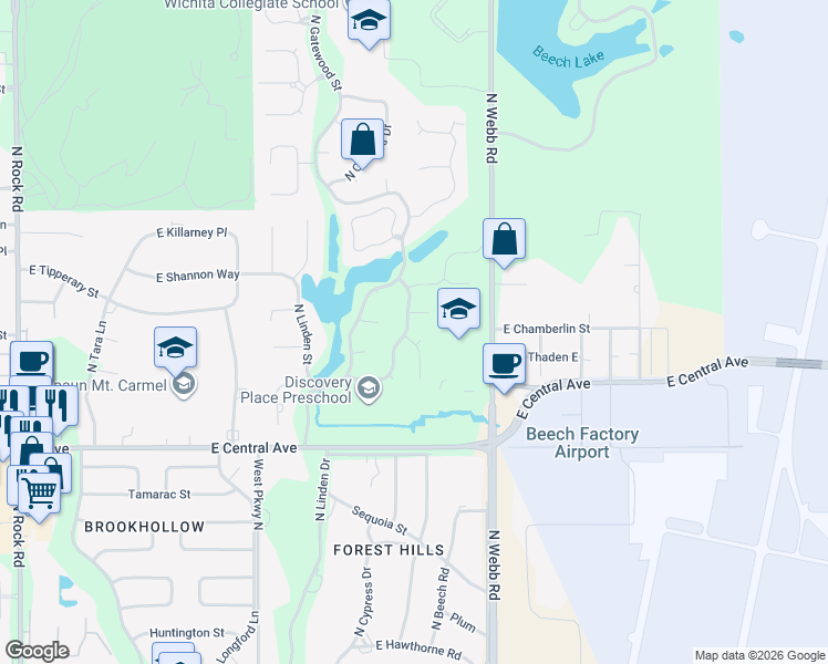 map of restaurants, bars, coffee shops, grocery stores, and more near 910 N Cypress Ct in Wichita