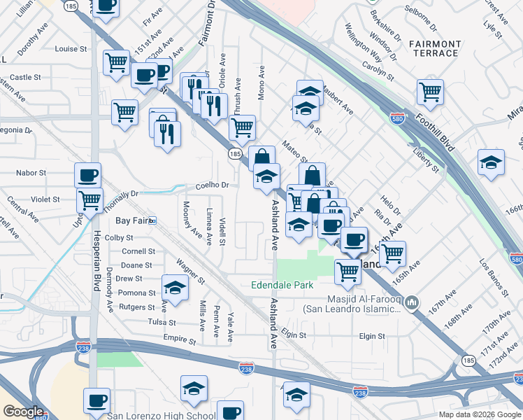 map of restaurants, bars, coffee shops, grocery stores, and more near 16077 Ashland Avenue in San Lorenzo