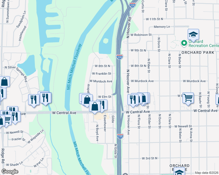 map of restaurants, bars, coffee shops, grocery stores, and more near 758-798 North Gilda Street in Wichita