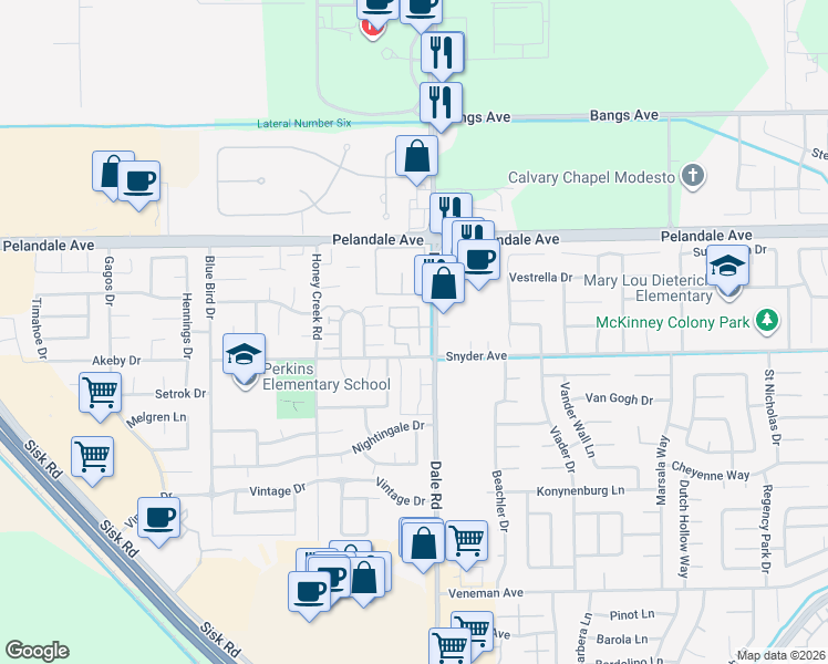 map of restaurants, bars, coffee shops, grocery stores, and more near 4053 Dale Road in Modesto