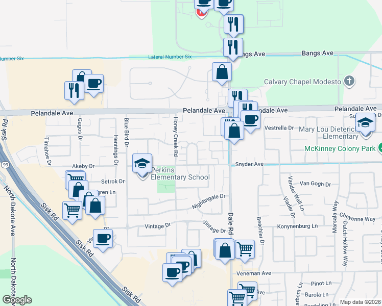 map of restaurants, bars, coffee shops, grocery stores, and more near 4028 Elmo Loop in Modesto