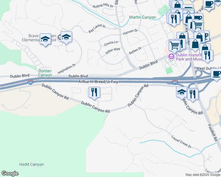 map of restaurants, bars, coffee shops, grocery stores, and more near 7635 Canyon Meadows Circle in Pleasanton