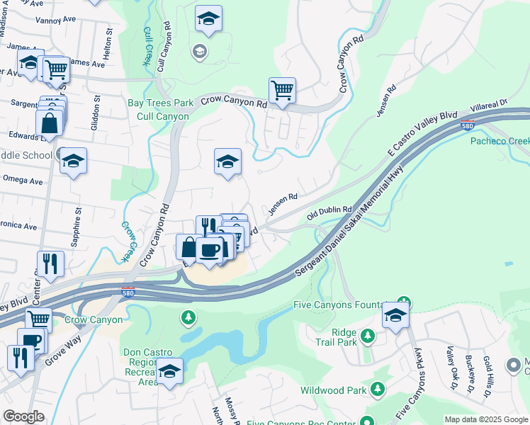 map of restaurants, bars, coffee shops, grocery stores, and more near 21600 Pheasant Woods Drive in Castro Valley
