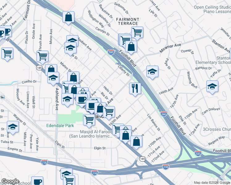map of restaurants, bars, coffee shops, grocery stores, and more near 1581 164th Avenue in San Leandro