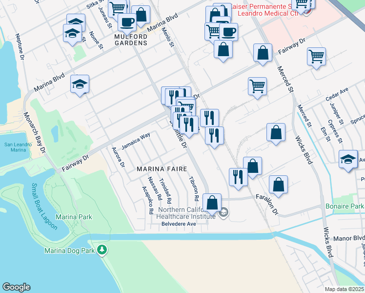 map of restaurants, bars, coffee shops, grocery stores, and more near 14072 Doolittle Drive in San Leandro