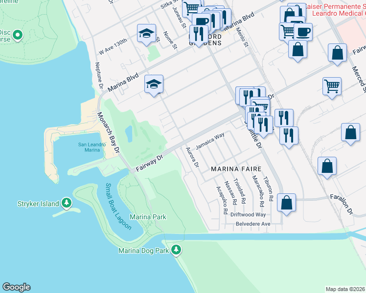 map of restaurants, bars, coffee shops, grocery stores, and more near 13699 Aurora Drive in San Leandro