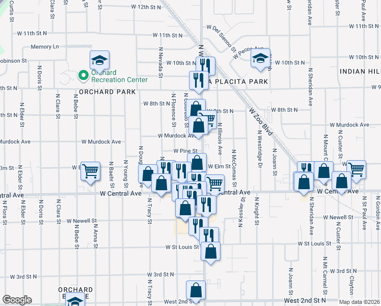 map of restaurants, bars, coffee shops, grocery stores, and more near 4045 West Murdock Street in Wichita